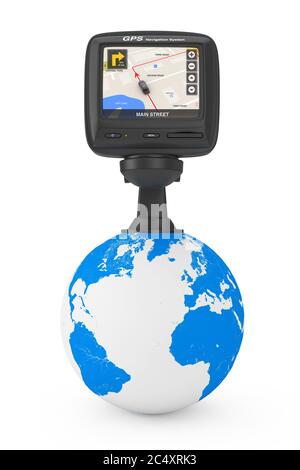 Navigation and Global Positioning System GPS Device with with Navigation City Map on the Screen over Earth Globe on a white background. 3d Rendering Stock Photo