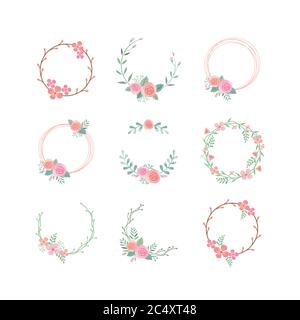 Floral circle colorful vector frame set. Spring blossom, rose flower vintage decoration frame template with branches and leaves. Stock Vector