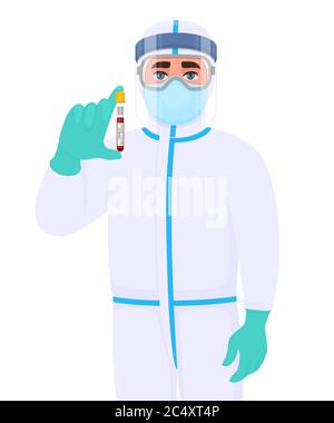 Doctor in virus protection suit and showing blood sample collection. Medical person wearing face shield, latex gloves. Physician covering PPE. Stock Vector