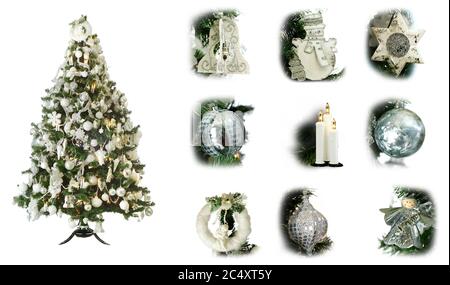 Christmas tree decorated with white color with accessories on a white background Stock Photo