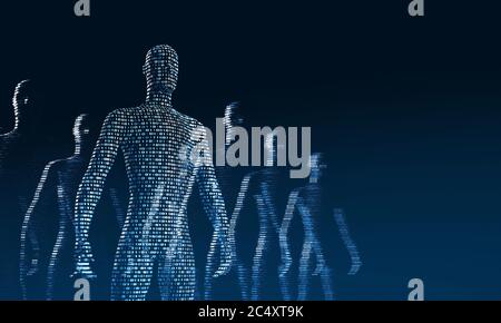 crowd of walking digital people. The concept of the symbiosis of man and technology. Computer integration in humans. 3d rendering Stock Photo