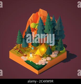 Vector isometric camping in the forest Stock Vector