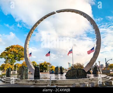 Transcending, Michigan Labor Legacy Monument at Hart Plaza in Downtown Detroit Stock Photo