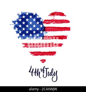 Happy 4th of July, USA Independence Day. Vector illustration. Hand drawn calligraphy lettering and american watercolor flag in heart shape. Holiday pr Stock Vector