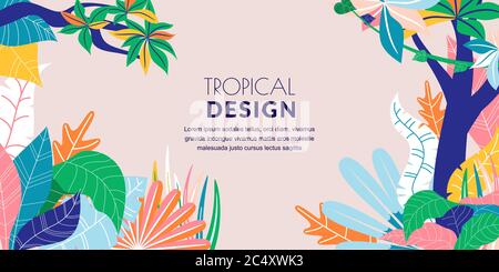 Summer tropical abstract horizontal frame background. Vector flat cartoon illustration. Hand drawn colorful doodle palm leaves. Jungle nature banner, Stock Vector