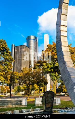 Transcending, Michigan Labor Legacy Monument at Hart Plaza in Downtown Detroit Stock Photo