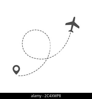 Airplane route trace in dashed line with location pin. Twisted flight path vector illustration. Stock Vector