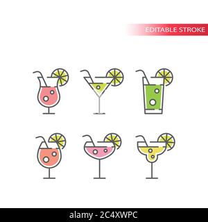 Cocktail glasses colorful vector icons set. Martini, mojito, margarita cocktails with straw and lemon slice, outline editable stroke icon set. Stock Vector