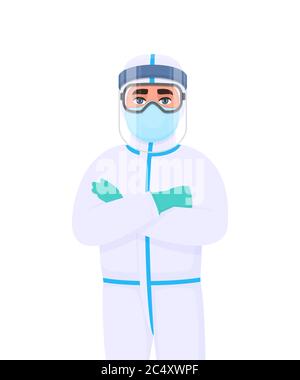 Doctor in protective suit keeping crossed arms. Medical person wearing face shield, latex gloves. Physician covering full body safety elements. Corona Stock Vector