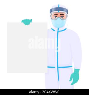 Doctor in virus safety protection suit and showing blank poster. Medical person holding empty banner. Physician covering body with PPE. Stock Vector