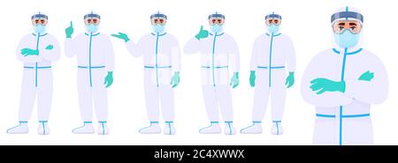 Male doctor in protective suit standing various postures and showing hand gestures. Set of physician or surgeon character covering with safety coveral Stock Vector