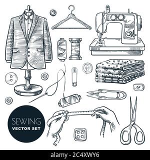Tailored fashionable mens suit. Sewing tools and tailor equipment set, isolated on white background. Vector hand drawn sketch illustration. Craft busi Stock Vector