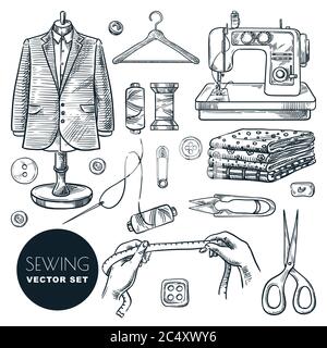 Premium Vector, Hand-drawn sketch set of sewing attributes. set includes  centimeter band, scissors, thread with a needle, antique sewing machine,  button, pillo…