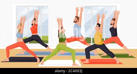 People stand in warrior one pose virabhadrasana. Women and men practicing yoga meditation with instructor in studio. Vector flat cartoon characters il Stock Vector