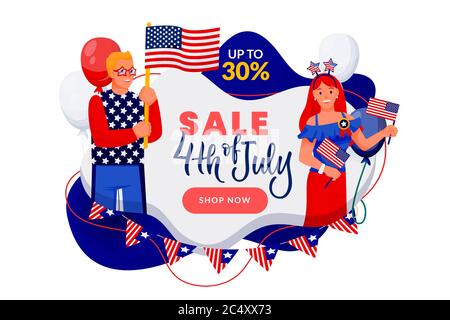 4th of July discount sale banner or poster design template. USA Independence Day celebrating. Vector illustration. Happy people in american flag color Stock Vector