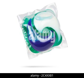 liquid Laundry Detergent Pod. washing gel capsule isolated on white with clipping path Stock Photo