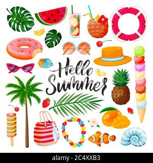 Hello summer calligraphy lettering, beach, travel and tropical design elements set. Vacation holiday icons, isolated on white background. Vector flat Stock Vector