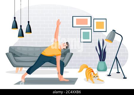 Guy stands in triangle pose trikonasana. Home yoga exercise practice. Man and red cute cat training in modern loft room. Vector characters illustratio Stock Vector