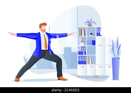 Businessman manager stands in warrior pose virabhadrasana. Office yoga 5-minute break. Man meditating in modern cabinet. Vector character illustration Stock Vector