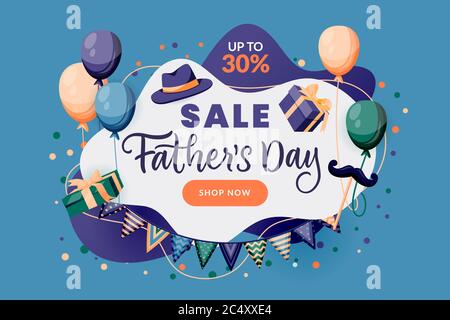 Fathers Day sale horizontal banner, poster, greeting card design template. Abstract frame with holiday decoration and hand drawn calligraphy lettering Stock Vector