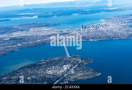 Aerial view of the Mercer Island, Homer Hadley Memorial Bridge and Lacey Murrow bridge Seattle USA Stock Photo