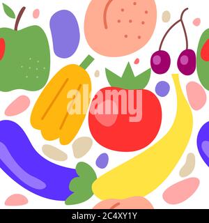 Fruit and vegetables seamless pattern, fruit doodles background, freehand style Stock Vector
