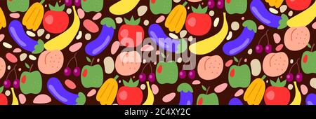 Fruits and vegetables color wide banner with tomato, eggplant, apple, funny hand drawing background Stock Vector