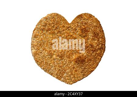 Chia flat bread in a heart shape isolated on white background, top view. Healthy chia bread. Stock Photo