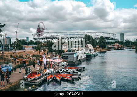view of the Queen Elizabeth Olympic Park and London Stadium from River Lea,    London, England, United Kingdom, Europe 2020 Stock Photo