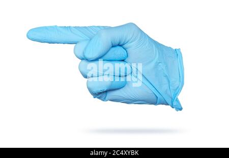 Hand in Blue nitrile medical glove isolated on white background with clipping path. Pointing finger sign Stock Photo