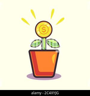 Money Plant. Gold Coin Money Cartoon Vector Icon Illustration. Animal And Business Icon Concept Isolated Premium Vector. Flat Cartoon Style Stock Vector
