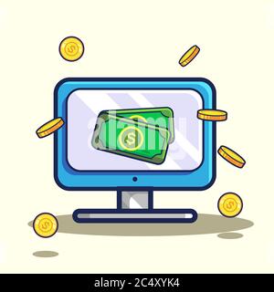 money out of the computer vector icon illustration. online payment concept. isolated premium vector flat cartoon style Stock Vector
