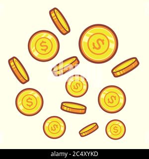 background of gold coins falling vector illustration. isolated premium vector. flat cartoon style Stock Vector