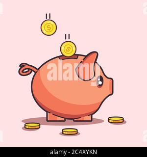 Cute Pig With Gold Coins Money Cartoon Vector Icon Illustration. Animal And Business Icon Concept Isolated Premium Vector. Flat Cartoon Style Stock Vector