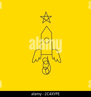 Rocket flying to star. Business sketch, life coaching icon. Vector hand drawn line illustration Stock Vector