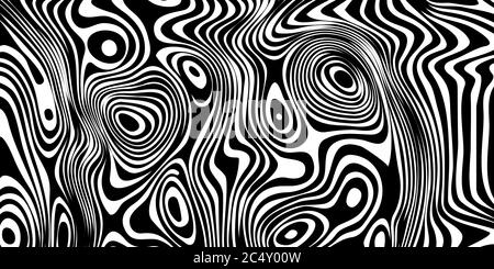Optical illusion wide banner, background with distorted lines, black and white poster. Op illusion card. Vector illustration