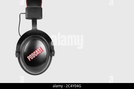 Black headphones with podcast icon isolated on white with clipping path Stock Photo