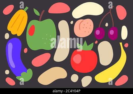 Vegetarian banner, vegan food background, doodles hand drawn fruits and vegetables Stock Vector