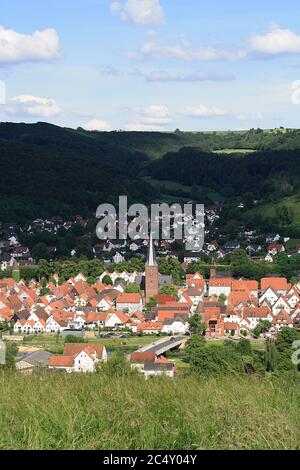 View of Luegde, Germany in spring from the Osterberg. Stock Photo