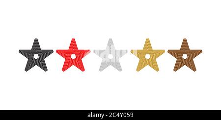 Five star rating, award symbol, winning icon, winner logo. Five stars of different colors - red, gold, silver, black and bronze Stock Vector
