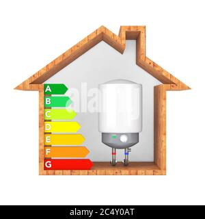 Modern Automatic Water Heater with Energy Efficiency Rating Chart in Abstract Wooden Ecological House on a white background. 3d Rendering Stock Photo