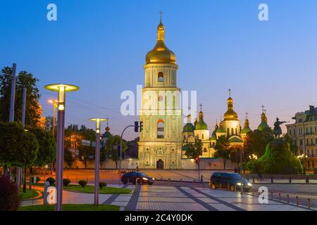 Twilight view of Sofiivska square and famous  Saint Sophia's Cathedral. Kiev, Ukraine Stock Photo