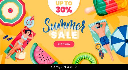 Summer sale calligraphy lettering, banner design template. Season discount offer poster background. People sunbathe on beach, vector top view illustra Stock Vector