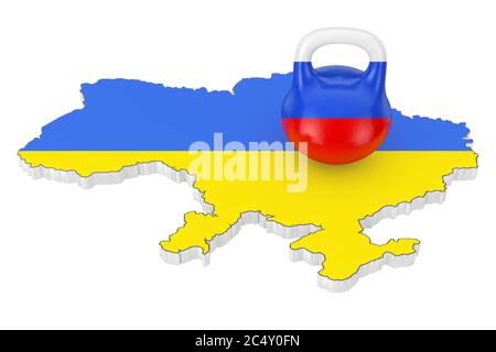 Russia Aggression Concept. Iron Kettlebell with Russia Flag over Ukraine Map with Flag on a white background. 3d Rendering Stock Photo