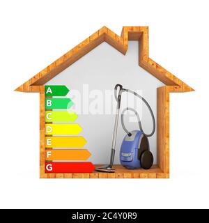 Modern Vacuum Cleaner with Energy Efficiency Rating Chart in Abstract Wooden Ecological House on a white background. 3d Rendering Stock Photo