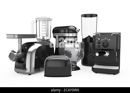 https://l450v.alamy.com/450v/2c4y0wx/kitchen-appliances-set-black-blender-toaster-coffee-machine-meat-ginder-food-mixer-and-coffee-grinder-on-a-white-background-3d-rendering-2c4y0wx.jpg