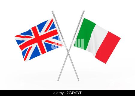 Crossed United Kingdom and Italy Flags on a white background. 3d Rendering Stock Photo