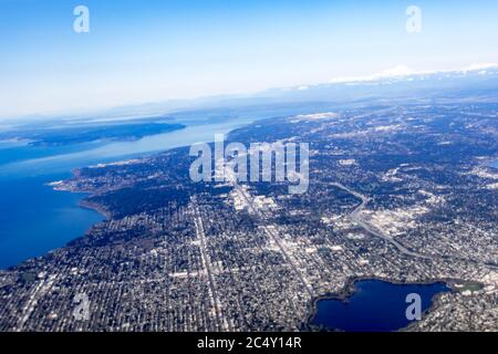 Aerial view of the Mercer Island, Homer Hadley Memorial Bridge and Lacey Murrow bridge Seattle USA Stock Photo