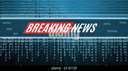breaking news icon over binary code, technology background. Stock Photo