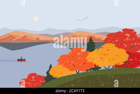 Autumn mountains lake landscape flat vector Stock Vector